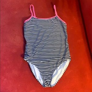 Navy/White Striped Bathing Suit with Pink Trim
